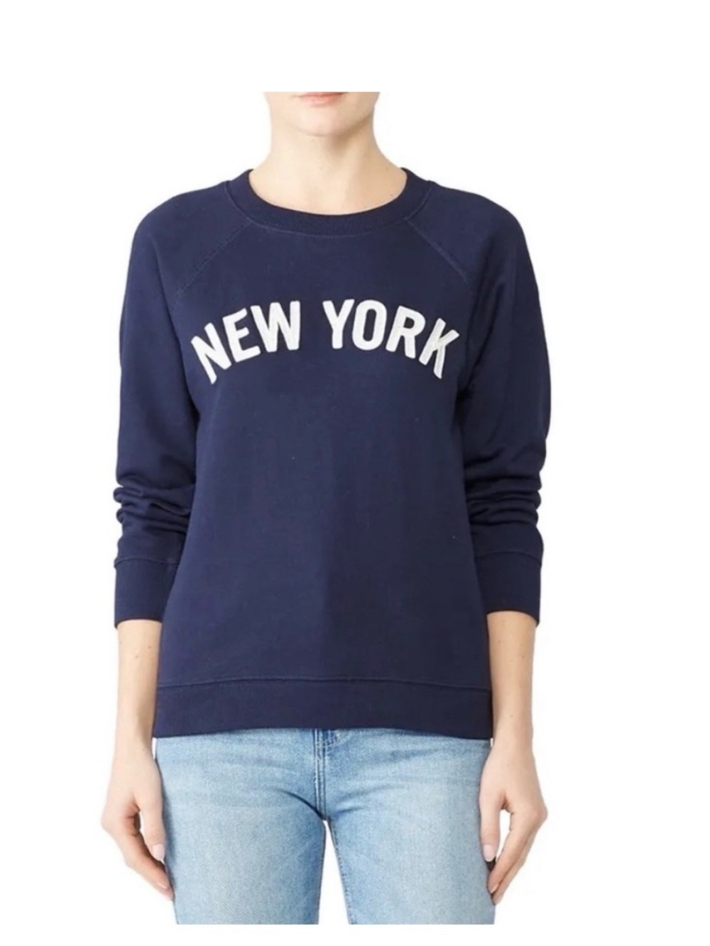 J. Crew Navy Crewneck Sweatshirt with White 'NEW YORK' Appliqué. Size Small